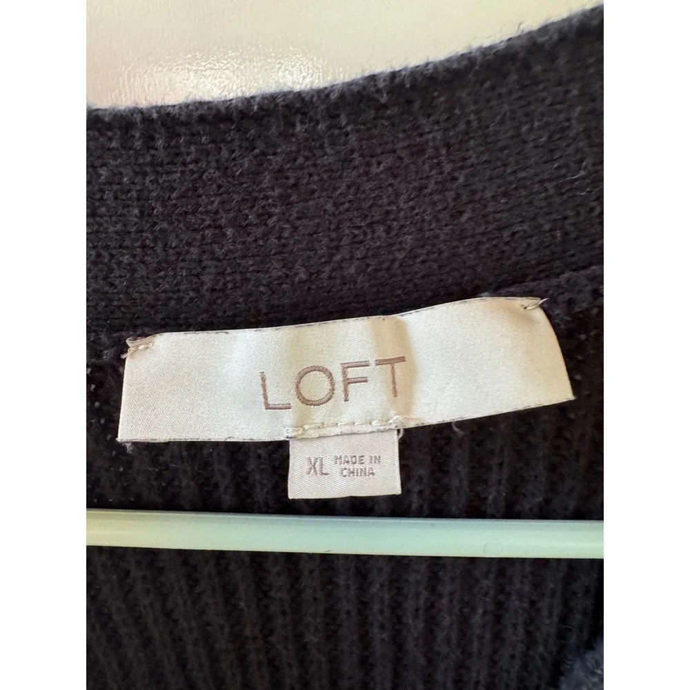 Loft Womens XL Black Cotton Shaker Knit Button Front Cardigan Sweater Pockets